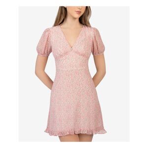 B DARLIN Womens Chiffon Keyhole-back Pouf Sleeve Short Party Fit + Flare Dress